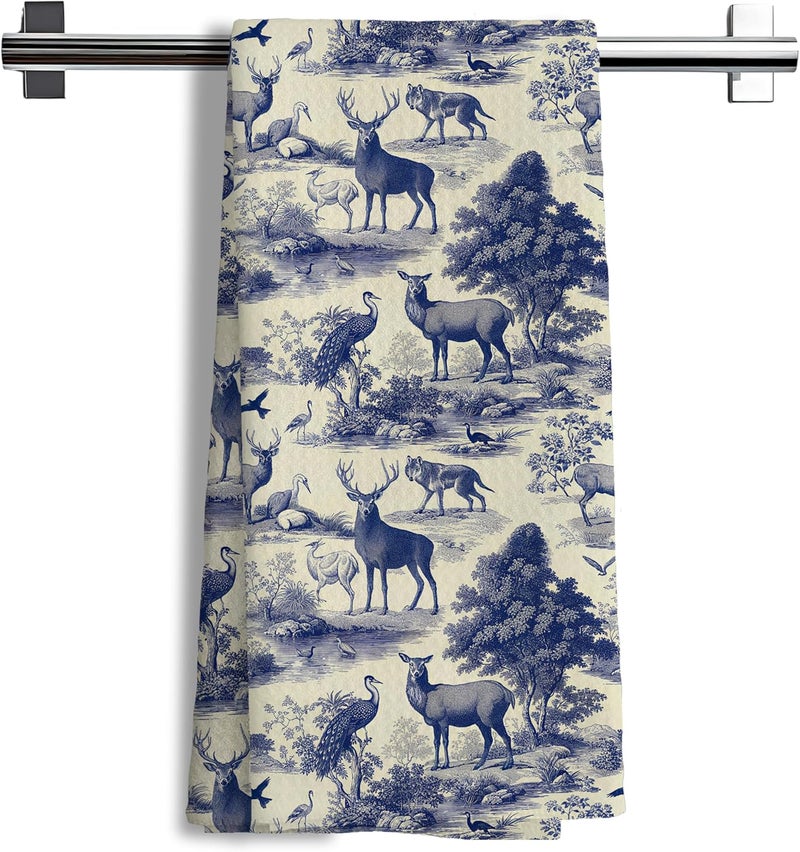Nipil Blue Chinoiserie Forest Animal Deer and Bird Print Decor Hand Towels,Blue and White Farmhouse Animal Decorative Hand Towel for Bath Room Washroom Restroom, 16x24 Inch - Image 1